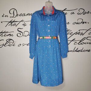 Vintage 80s Schrader Sport Blue Patterned Day Dress, Shirt Dress, 12